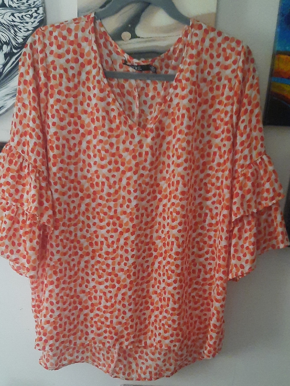 Women's Coral Polka Dot Ruffle Sleeve Blouse